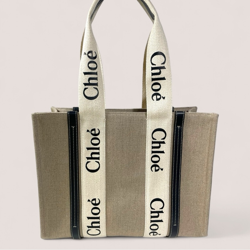 Chloè Woody Tote Bag In Linen Medium Blue